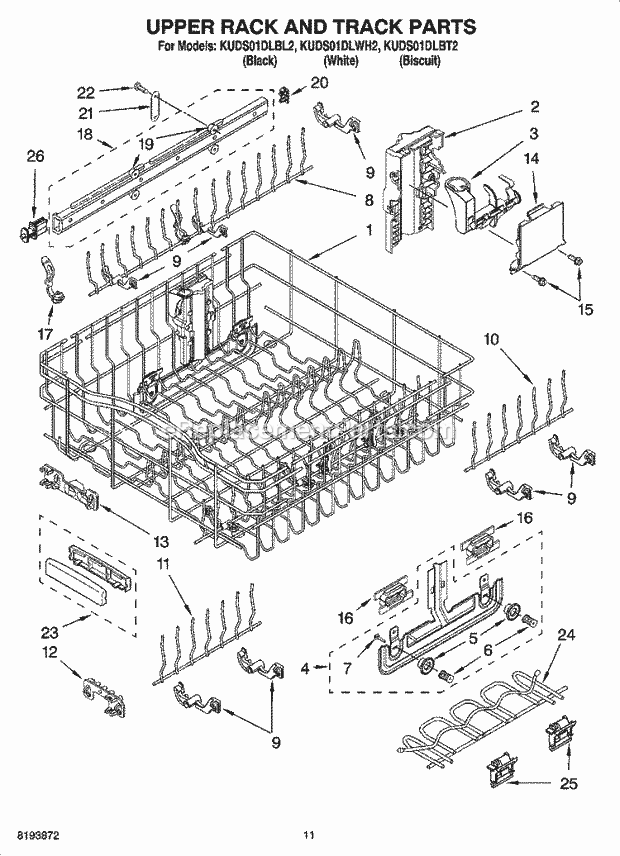 KitchenAid KUDS01DLBT2 Dishwasher Upper Rack and Track Parts Diagram