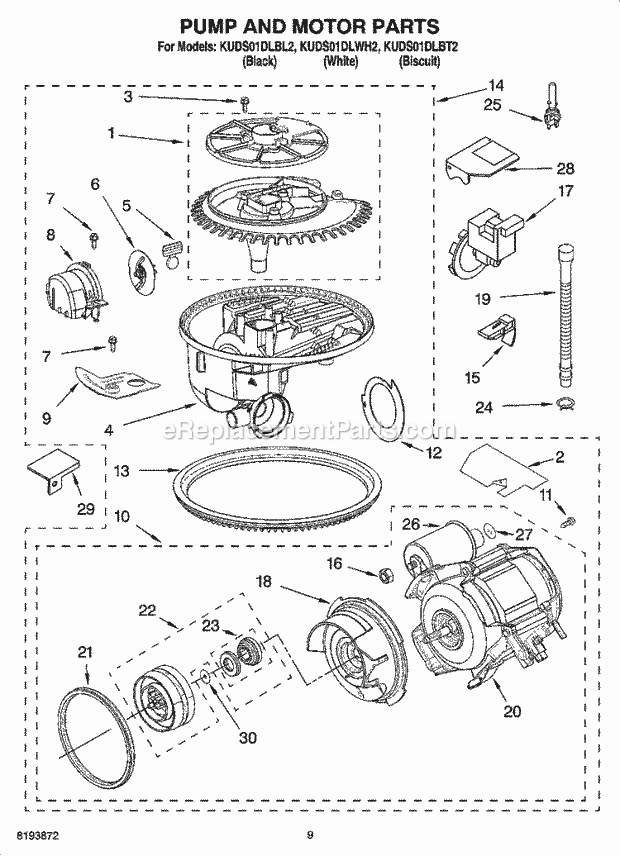 KitchenAid KUDS01DLBT2 Dishwasher Pump and Motor Parts Diagram