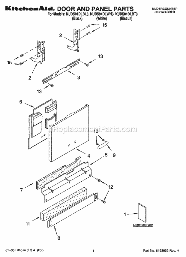 KitchenAid KUDS01DLBT3 Dishwasher Door and Panel Parts Diagram