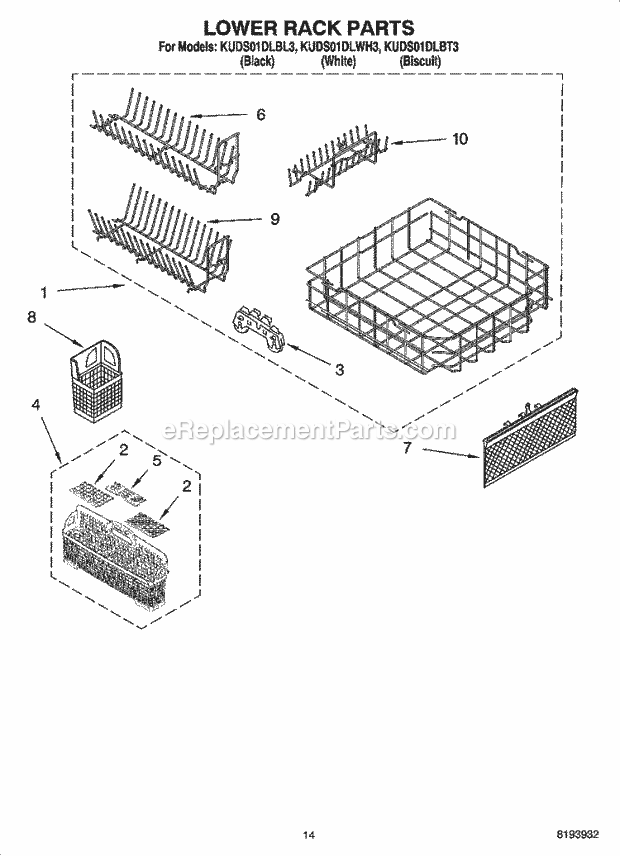 KitchenAid KUDS01DLBT3 Dishwasher Lower Rack Parts Diagram