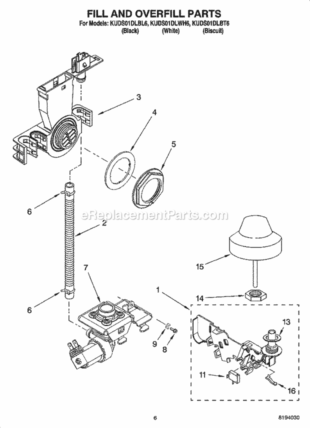 KitchenAid KUDS01DLBT6 Dishwasher Fill and Overfill Parts Diagram
