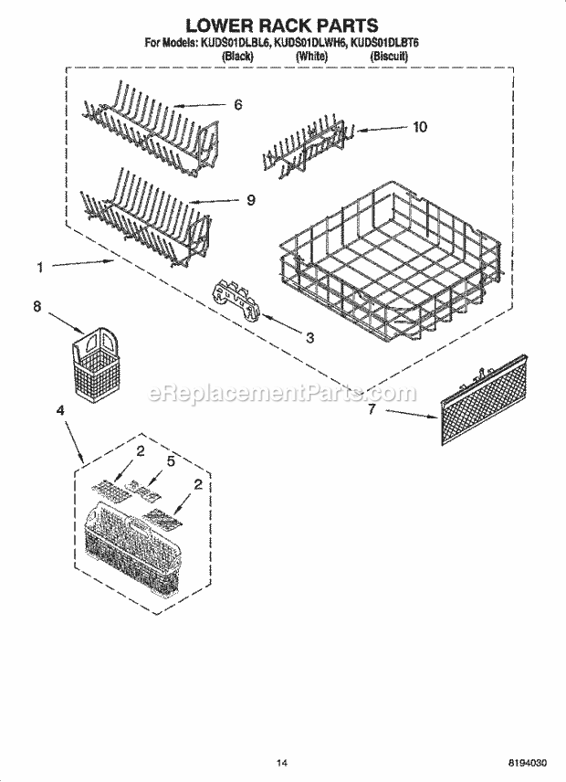 KitchenAid KUDS01DLBT6 Dishwasher Lower Rack Parts, Optional Parts (Not Included) Diagram