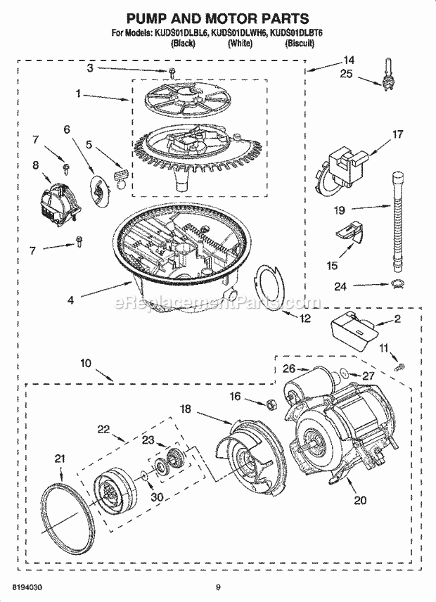 KitchenAid KUDS01DLBT6 Dishwasher Pump and Motor Parts Diagram