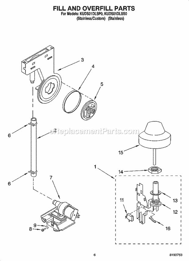 KitchenAid KUDS01DLSP0 Dishwasher Fill and Overfill Parts Diagram