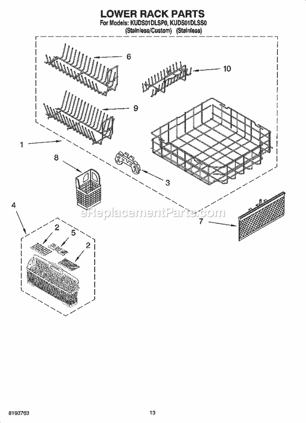 KitchenAid KUDS01DLSP0 Dishwasher Lower Rack Parts Diagram