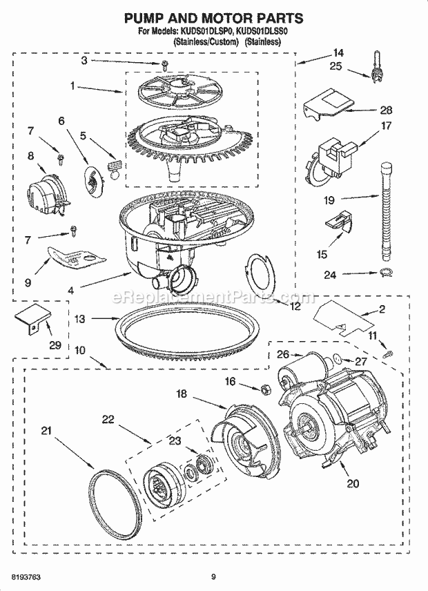 KitchenAid KUDS01DLSP0 Dishwasher Pump and Motor Parts Diagram