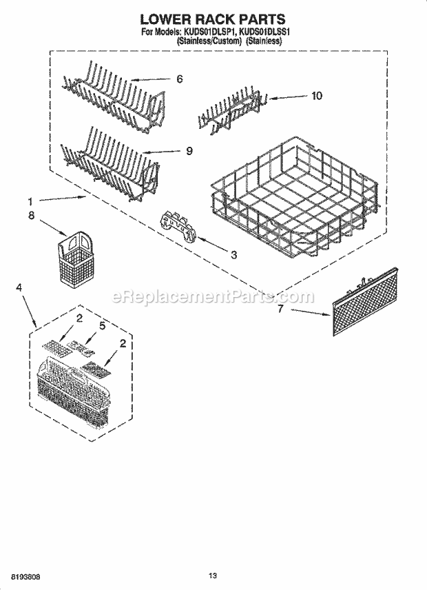 KitchenAid KUDS01DLSP1 Dishwasher Lower Rack Parts Diagram