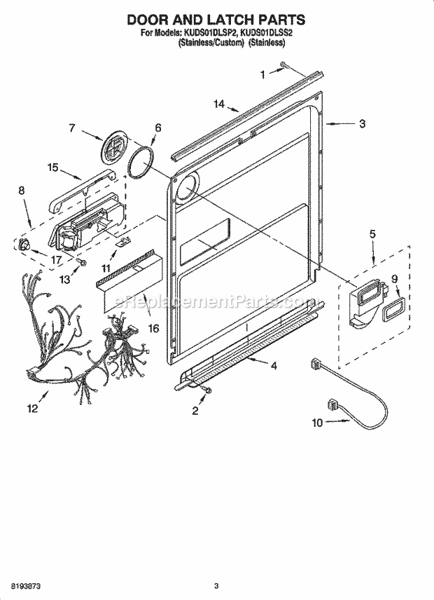 KitchenAid KUDS01DLSP2 Dishwasher Door and Latch Parts Diagram