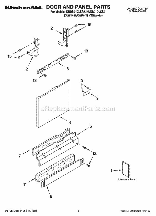 KitchenAid KUDS01DLSP2 Dishwasher Door and Panel Parts Diagram