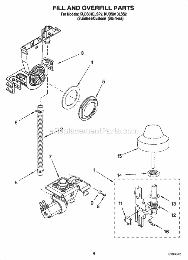 KitchenAid KUDS01DLSP2 Dishwasher Fill and Overfill Parts Diagram