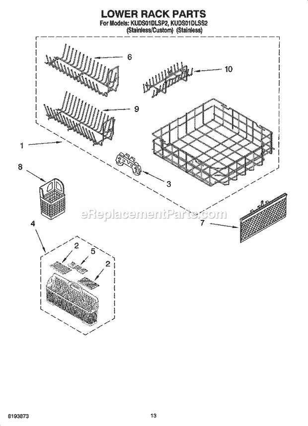 KitchenAid KUDS01DLSP2 Dishwasher Lower Rack Parts Diagram