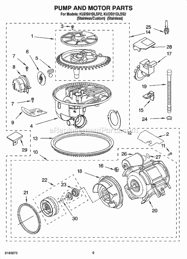 KitchenAid KUDS01DLSP2 Dishwasher Pump and Motor Parts Diagram