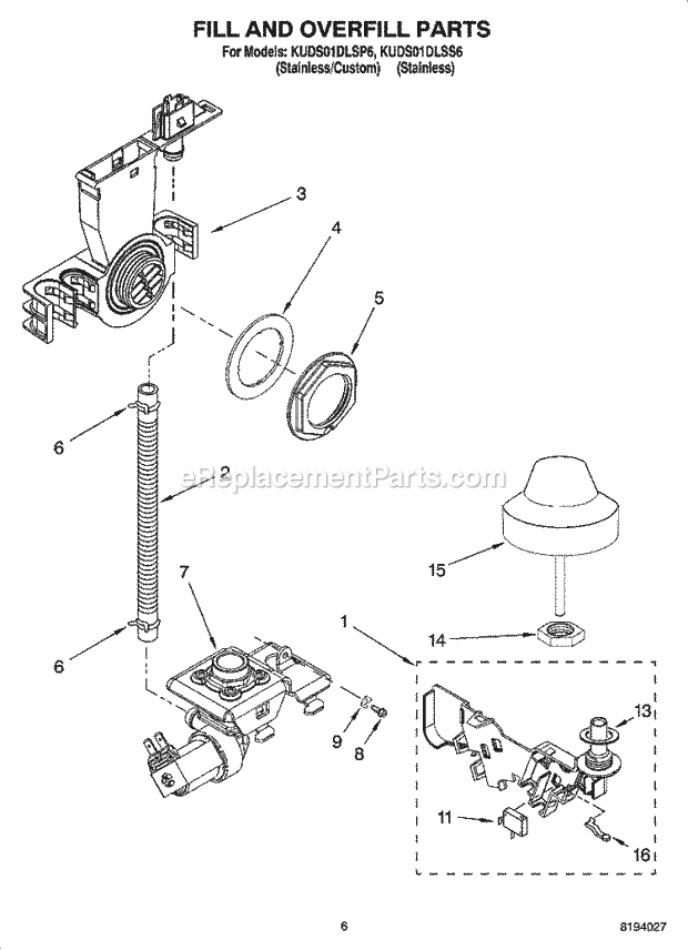 KitchenAid KUDS01DLSP6 Dishwasher Fill and Overfill Parts Diagram