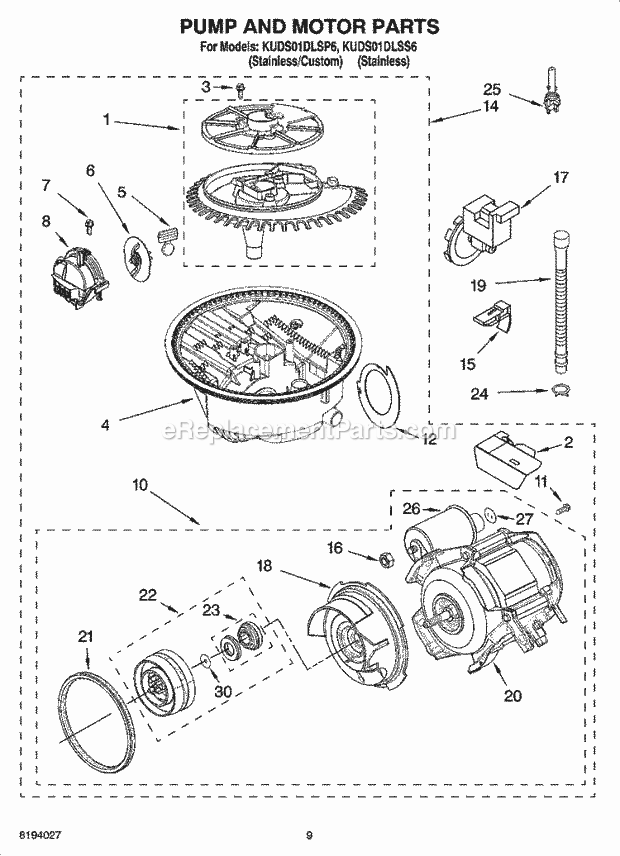 KitchenAid KUDS01DLSP6 Dishwasher Pump and Motor Parts Diagram