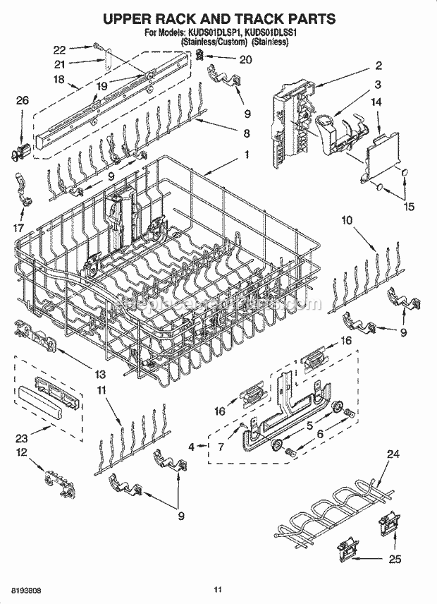 KitchenAid KUDS01DLSS1 Dishwasher Upper Rack and Track Parts Diagram