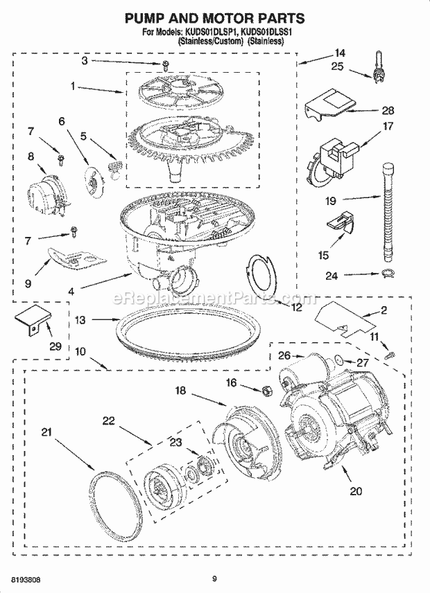 KitchenAid KUDS01DLSS1 Dishwasher Pump and Motor Parts Diagram