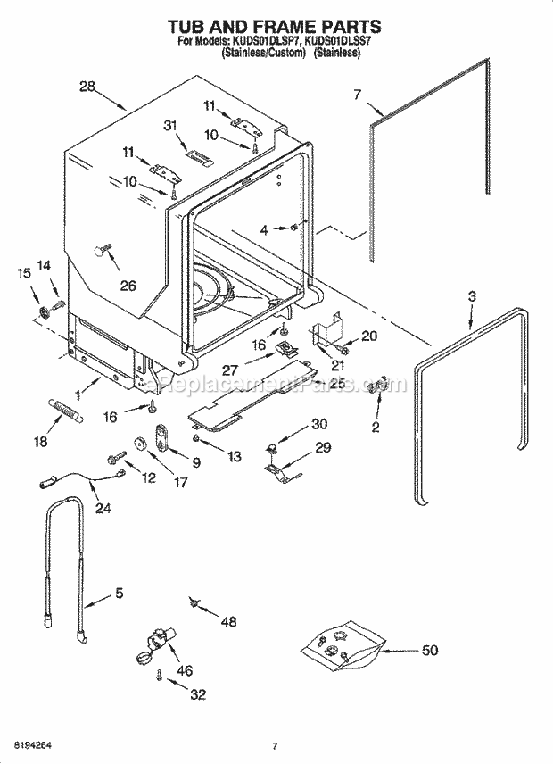 KitchenAid KUDS01DLSS7 Dishwasher Tub and Frame Parts Diagram