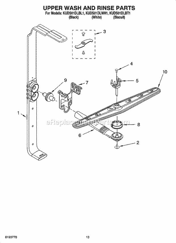 KitchenAid KUDS01DLWH1 Dishwasher Upper Wash and Rinse Parts Diagram