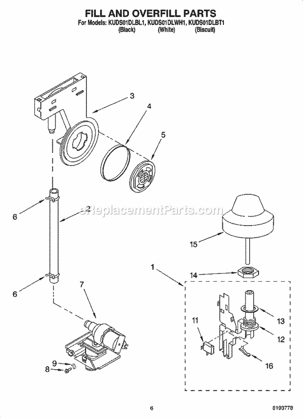 KitchenAid KUDS01DLWH1 Dishwasher Fill and Overfill Parts Diagram