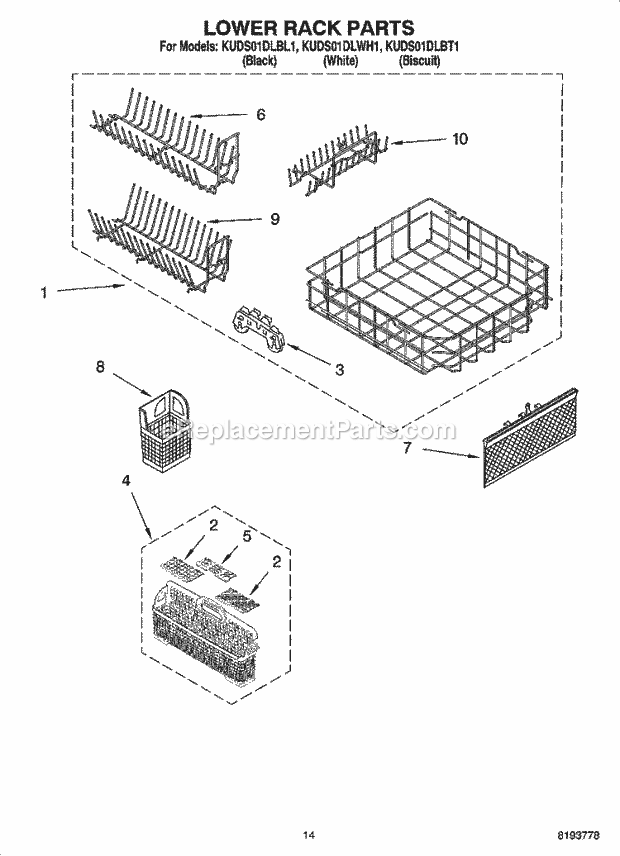 KitchenAid KUDS01DLWH1 Dishwasher Lower Rack Parts Diagram