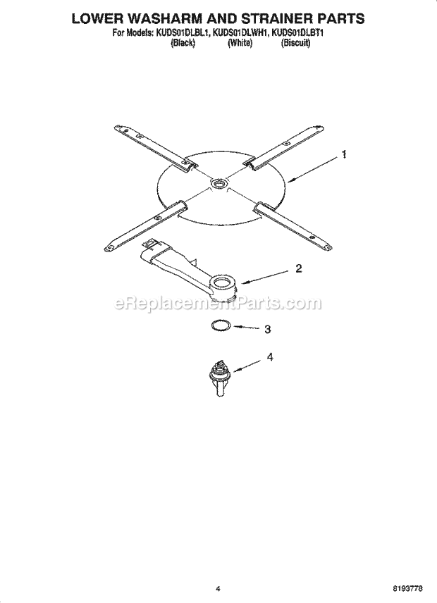 KitchenAid KUDS01DLWH1 Dishwasher Lower Washarm and Strainer Parts Diagram