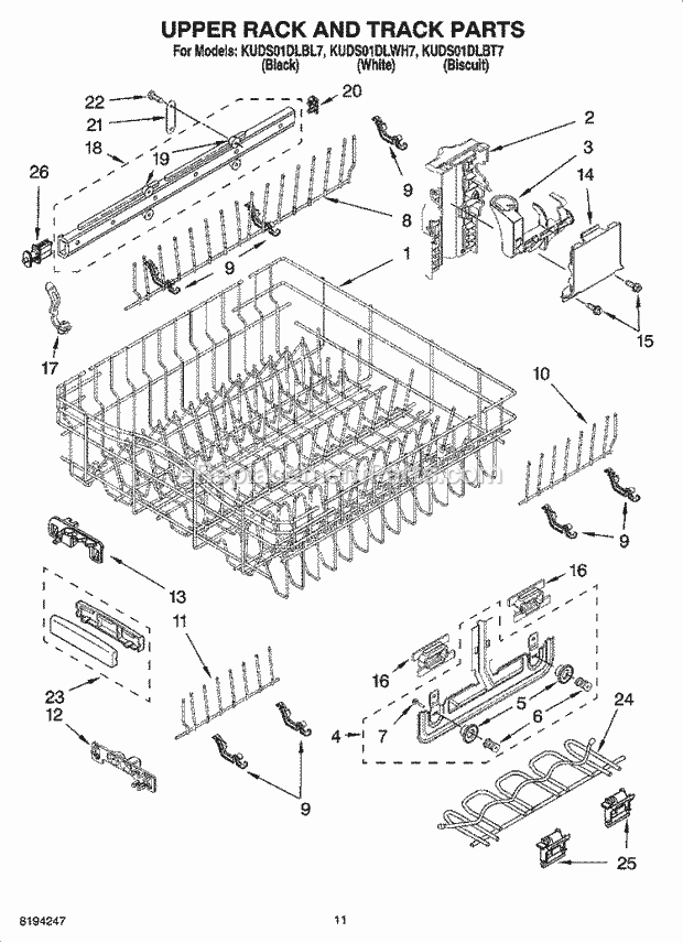 KitchenAid KUDS01DLWH7 Dishwasher Upper Rack and Track Parts Diagram