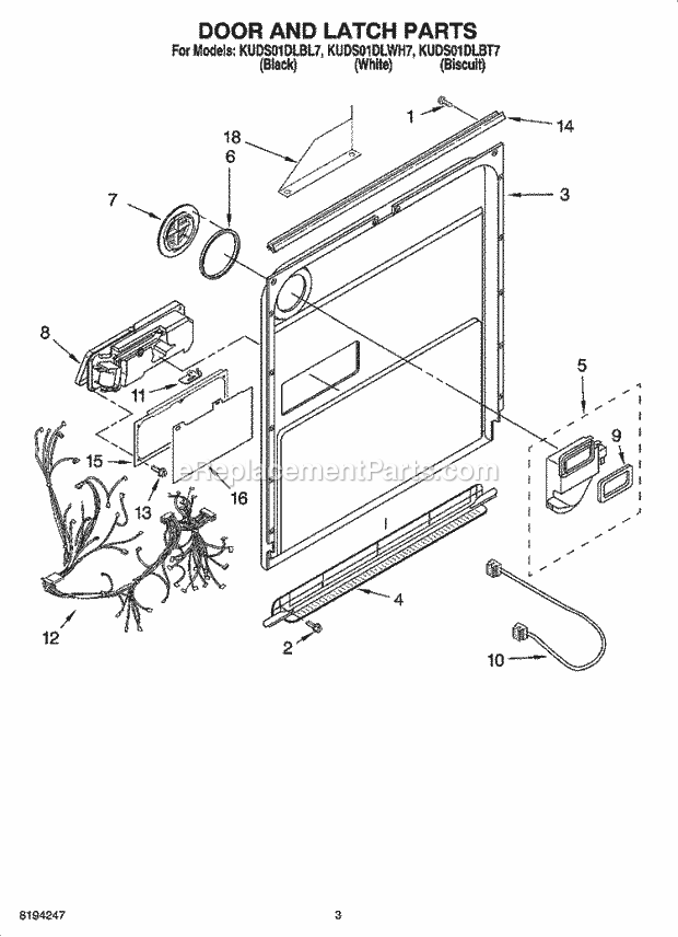 KitchenAid KUDS01DLWH7 Dishwasher Door and Latch Parts Diagram