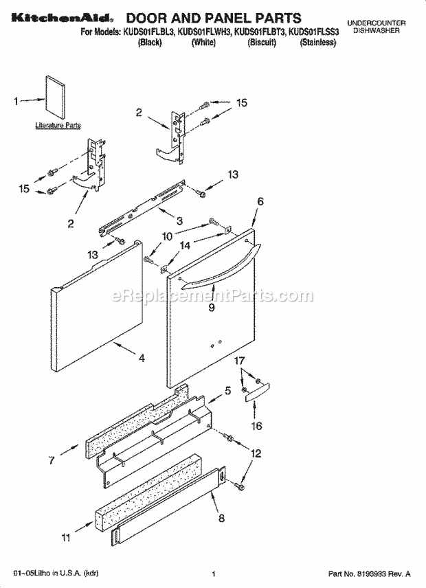 KitchenAid KUDS01FLBT3 Dishwasher Door and Panel Parts Diagram