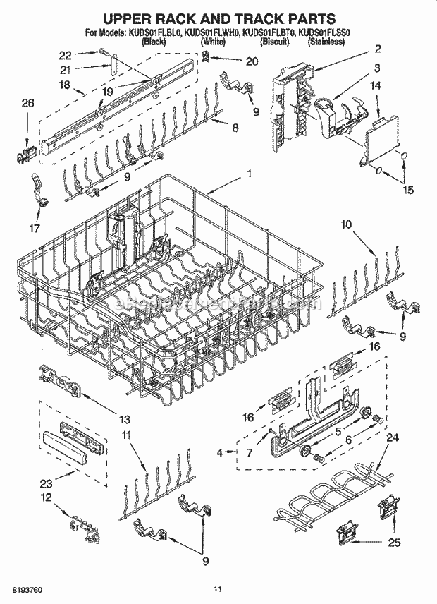 KitchenAid KUDS01FLSS0 Dishwasher Upper Rack and Track Parts Diagram