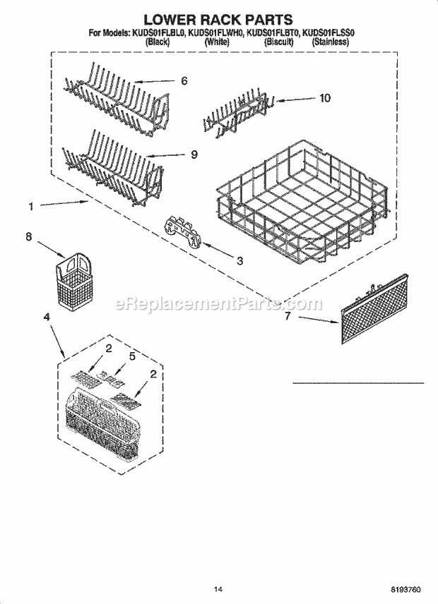 KitchenAid KUDS01FLSS0 Dishwasher Lower Rack Parts Diagram