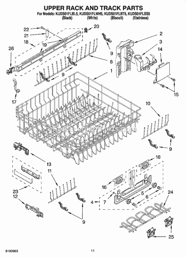 KitchenAid KUDS01FLSS5 Dishwasher Upper Rack and Track Parts Diagram