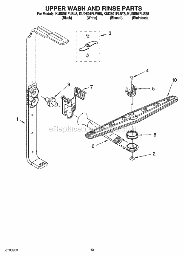 KitchenAid KUDS01FLSS5 Dishwasher Upper Wash and Rinse Parts Diagram