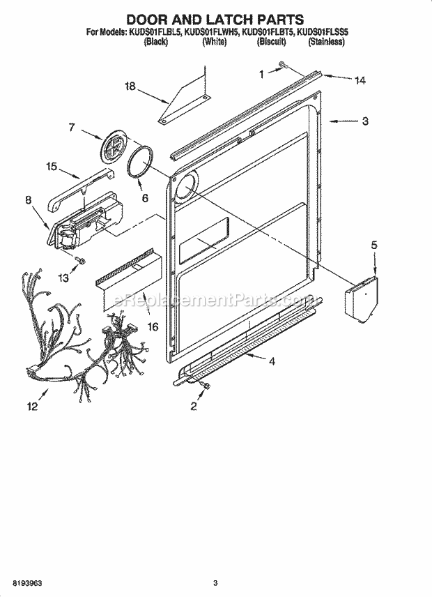 KitchenAid KUDS01FLSS5 Dishwasher Door and Latch Parts Diagram