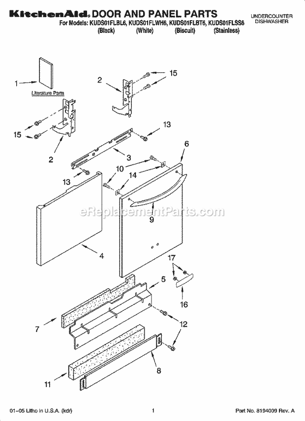 KitchenAid KUDS01FLSS6 Dishwasher Door and Panel Parts Diagram