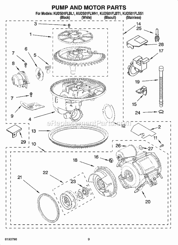 KitchenAid KUDS01FLWH1 Dishwasher Pump and Motor Parts Diagram