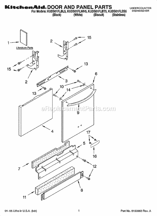 KitchenAid KUDS01FLWH5 Dishwasher Door and Panel Parts Diagram