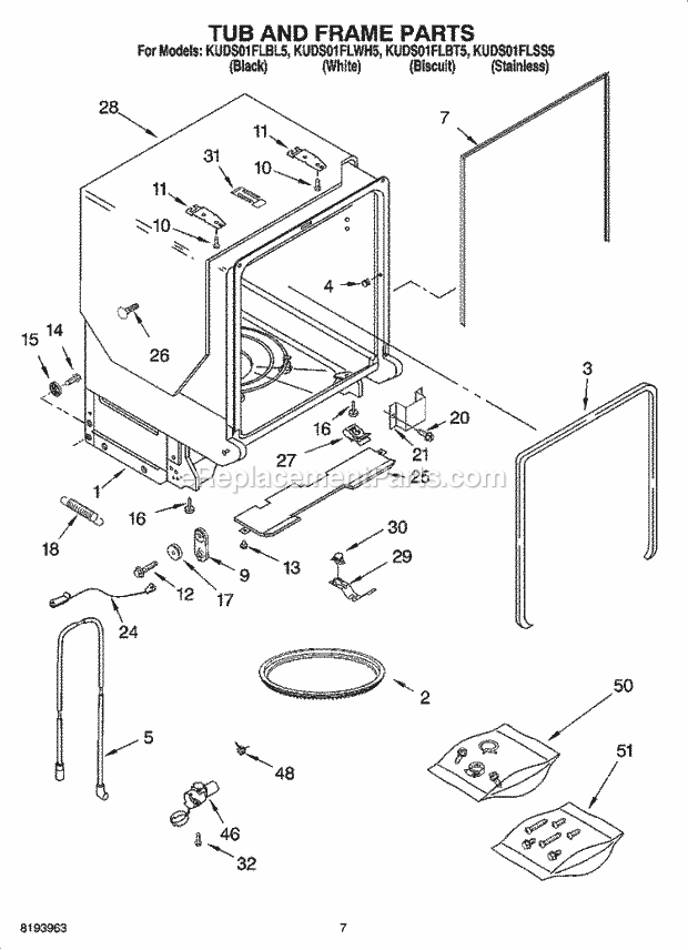 KitchenAid KUDS01FLWH5 Dishwasher Tub and Frame Parts Diagram