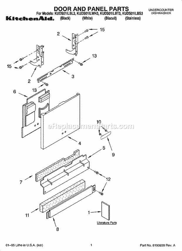 KitchenAid KUDS01ILBL3 Dishwasher Door and Panel Parts Diagram