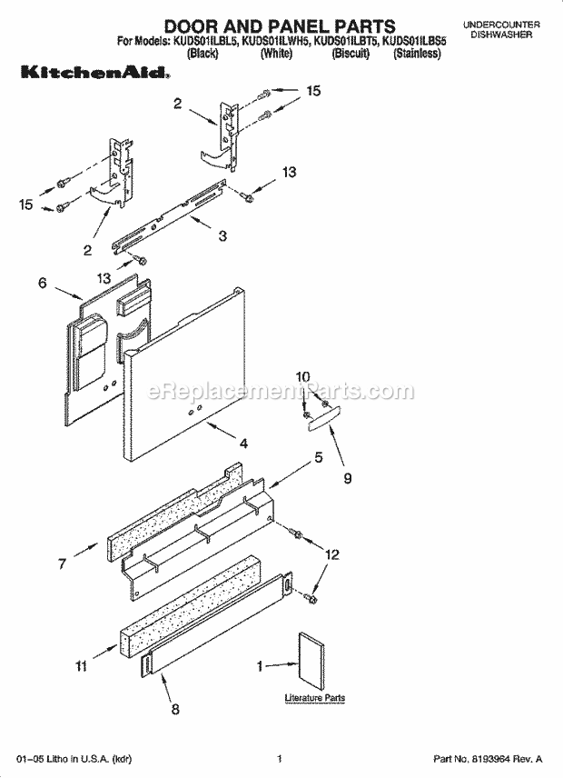 KitchenAid KUDS01ILBL5 Dishwasher Door and Panel Parts Diagram