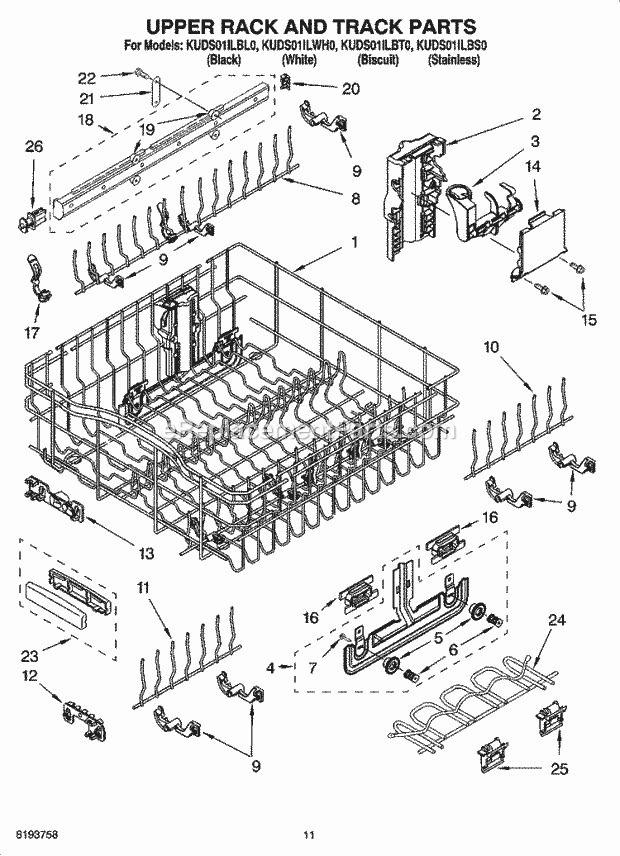 KitchenAid KUDS01ILBS0 Dishwasher Upper Rack and Track Parts Diagram