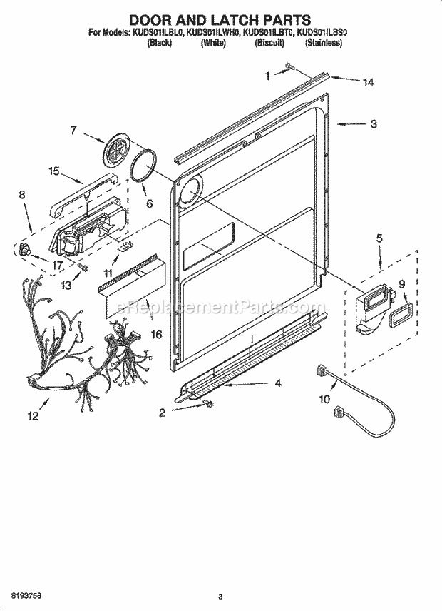 KitchenAid KUDS01ILBS0 Dishwasher Door and Latch Parts Diagram