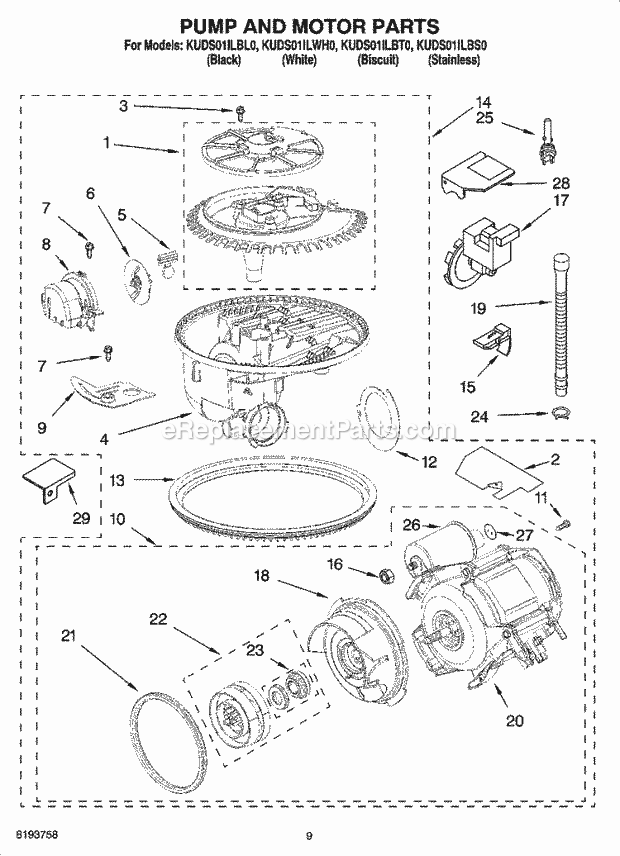 KitchenAid KUDS01ILBS0 Dishwasher Pump and Motor Parts Diagram