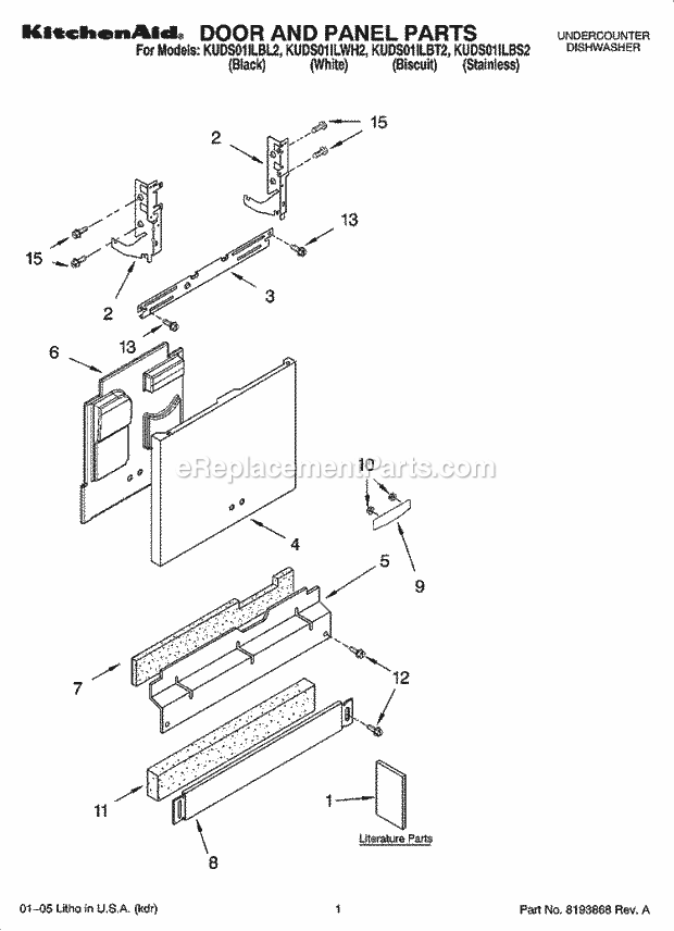 KitchenAid KUDS01ILWH2 Dishwasher Door and Panel Parts Diagram