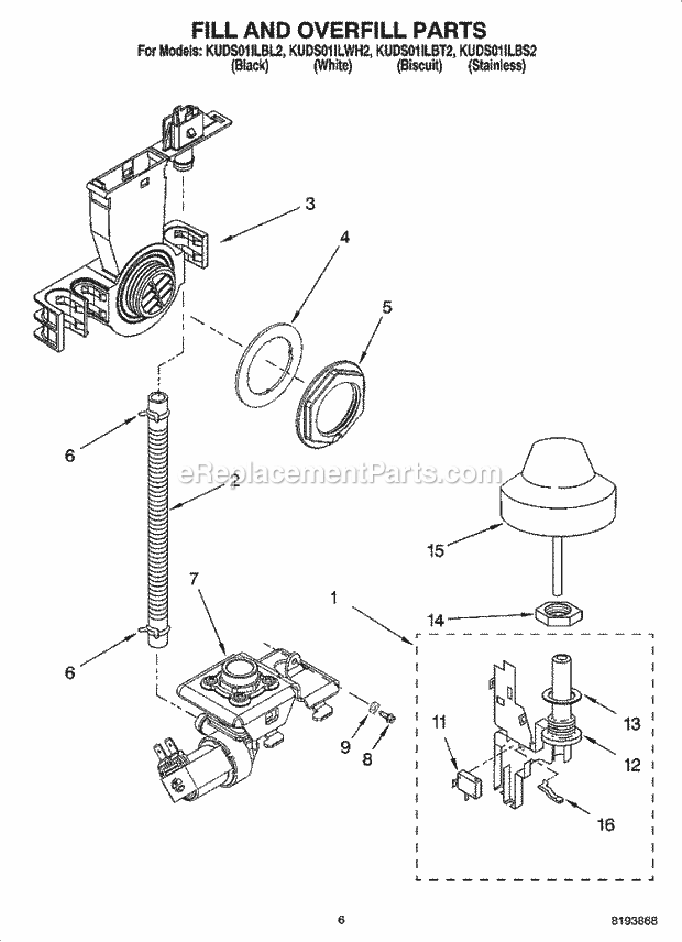 KitchenAid KUDS01ILWH2 Dishwasher Fill and Overfill Parts Diagram