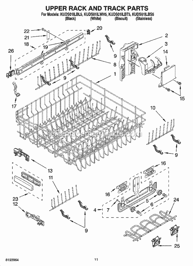 KitchenAid KUDS01ILWH5 Dishwasher Upper Rack and Track Parts Diagram