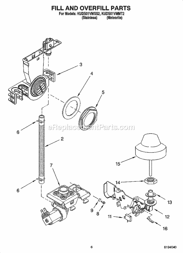 KitchenAid KUDS01VMMT2 Dishwasher Fill and Overfill Parts Diagram