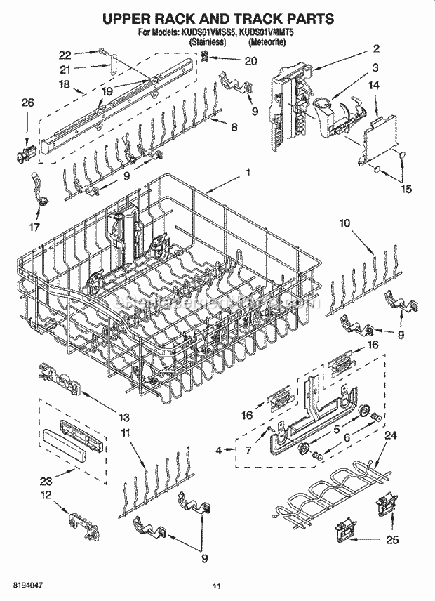 KitchenAid KUDS01VMMT5 Dishwasher Upper Rack and Track Parts Diagram
