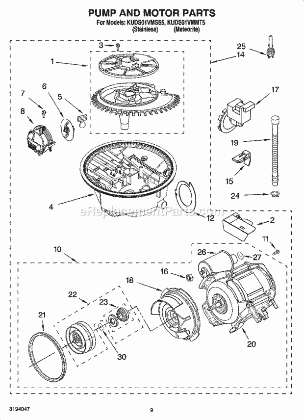 KitchenAid KUDS01VMMT5 Dishwasher Pump and Motor Parts Diagram