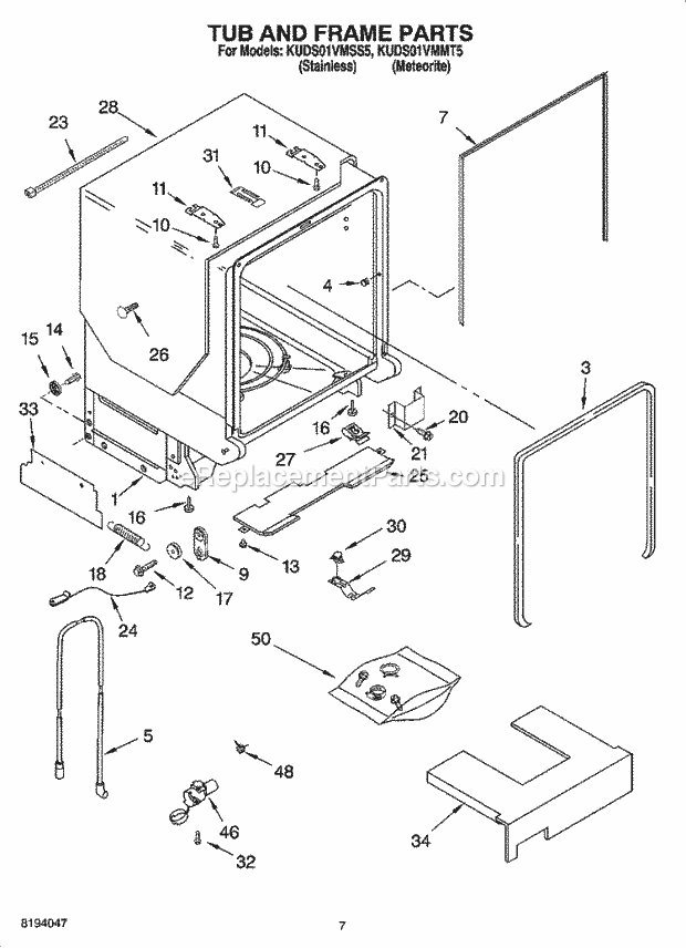 KitchenAid KUDS01VMMT5 Dishwasher Tub and Frame Parts Diagram