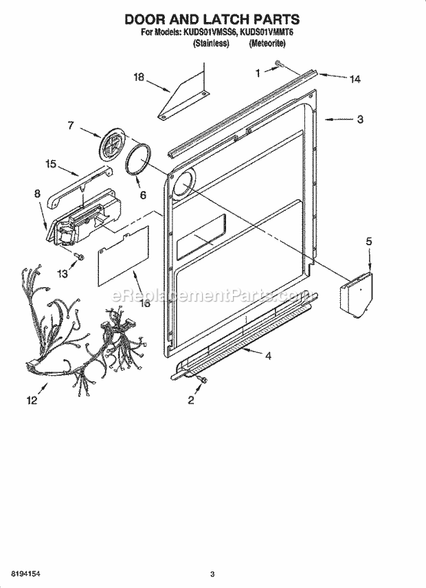 KitchenAid KUDS01VMMT6 Dishwasher Door and Latch Parts Diagram